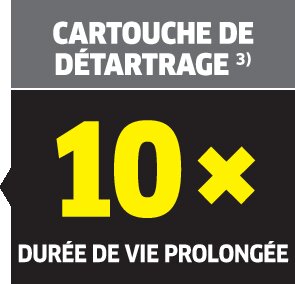 ³⁾ Facteur d'allongement minimal de la durée de vie du produit sur la base de tests internes avec une dureté de l'eau de 20 °dH et une dureté temporaire de 15 °dH.