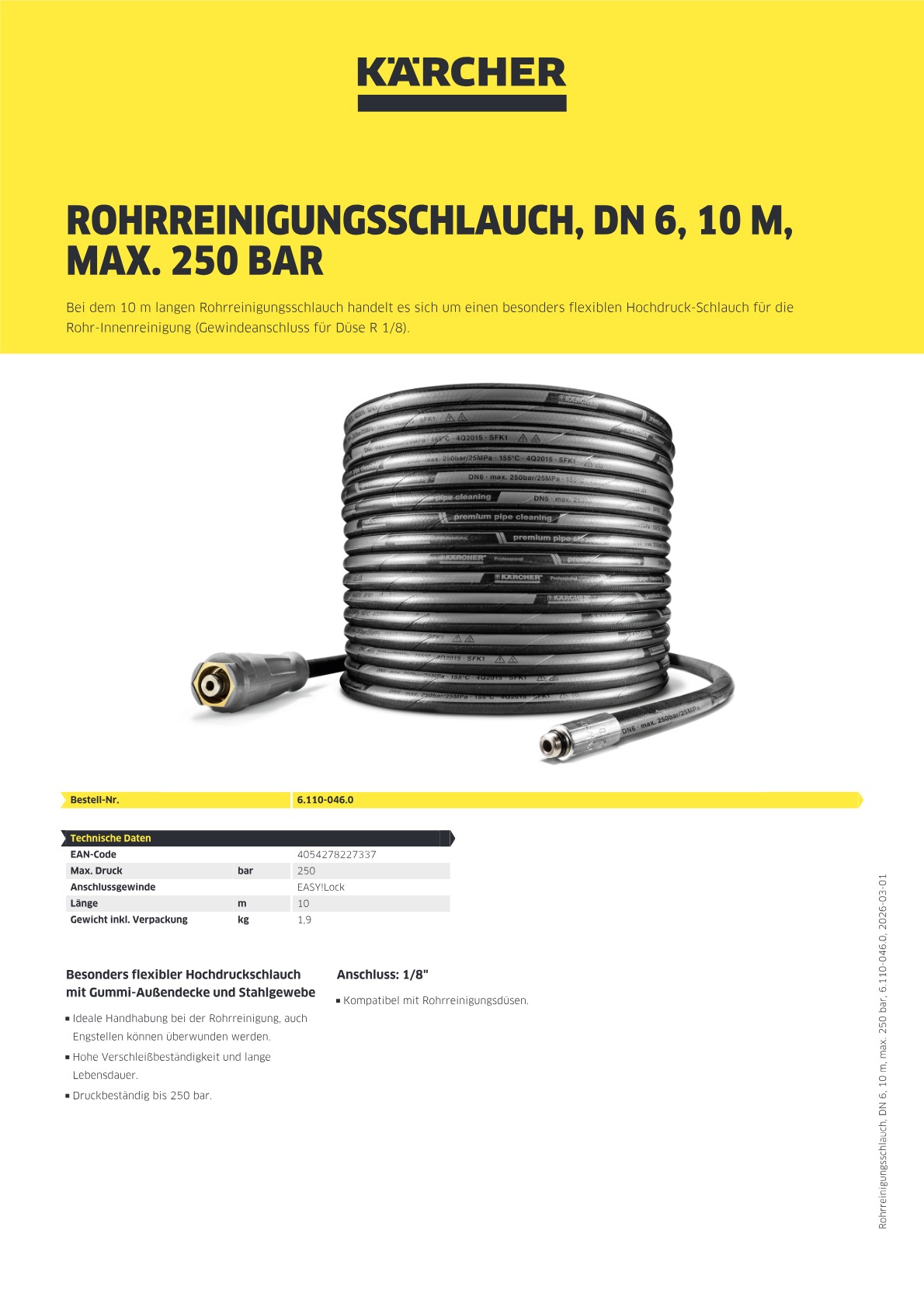 Produktbild von PWPUK Hochdruckreiniger-Schlauch – 10 Meter, 11,6 Mm, Kompakter Schnellverschluss, 180 Bar