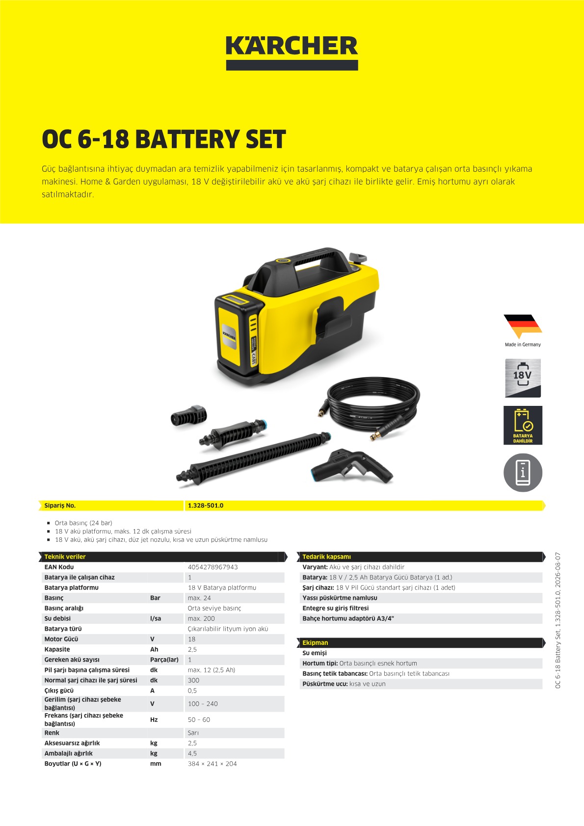 OC 6-18 Battery Set ürün bilgi föyü